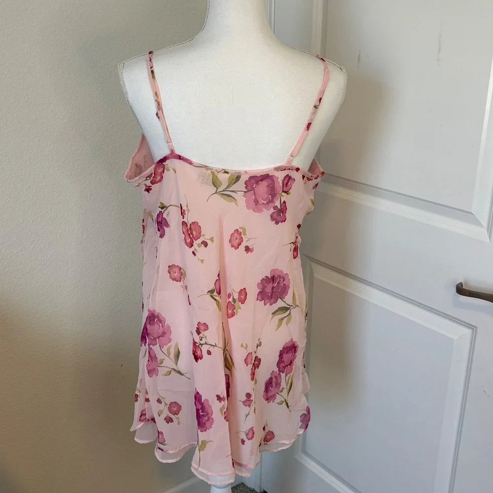 Gilligan & O'Malley Pink Floral Chiffon Chemise Nightgown XL Sheer Sleepwear
